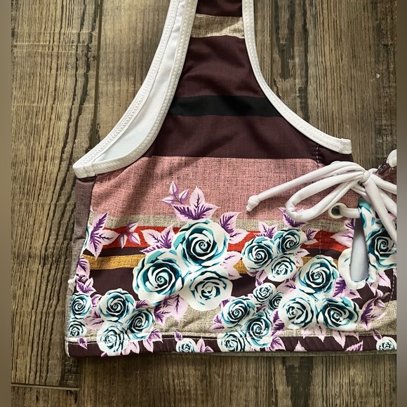 Athletic Swim Top Bikini Flower an Stripe Print with Tie Front XL - Picture 5 of 11